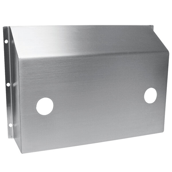 A silver rectangular stainless steel wall mounting bracket with holes.