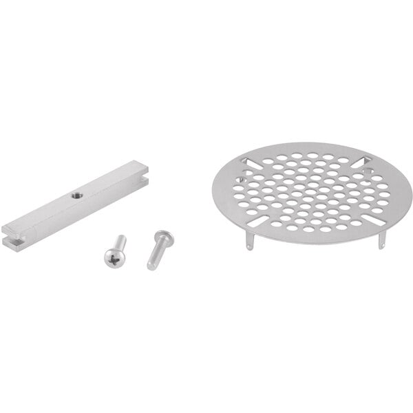 A T&S stainless steel flat strainer with screws and nuts.
