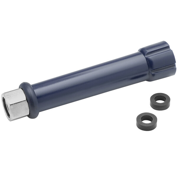 A blue pipe with a black and silver nut and small black rings.