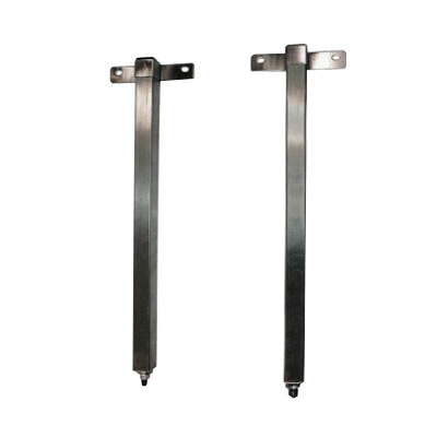 A pair of metal poles with stainless steel brackets.