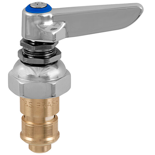 A T&S Cerama cartridge with check valve and escutcheon for a cold faucet handle with a blue and chrome valve and blue handle.