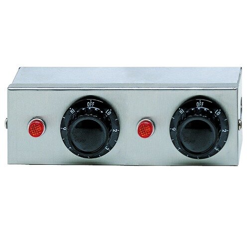 A stainless steel APW Wyott remote control box with two black knobs.