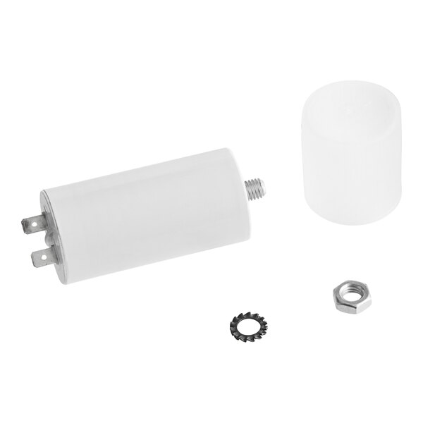 A white plastic cylinder with a nut and a bolt.
