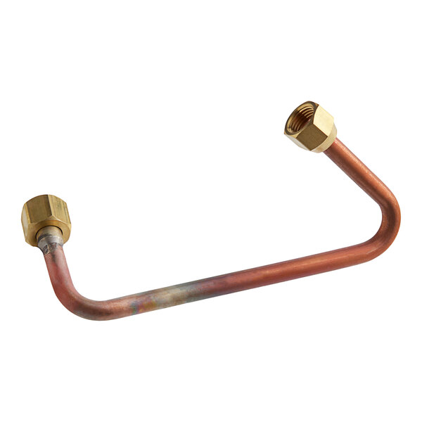 A copper pipe with brass fittings on each end.