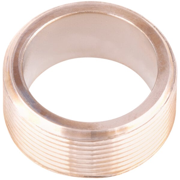 A close-up of a shiny metal T&S aerator adapter with a white circle.