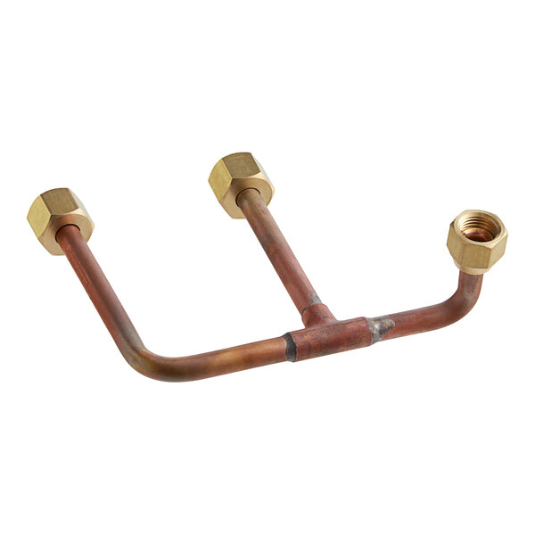 A copper pipe with brass fittings and a nut.