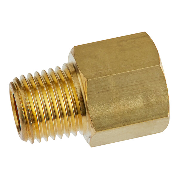 A close-up of a brass threaded male connector with a gold nut.