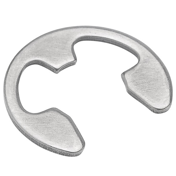 A silver metal T&S snap ring with a curved design.