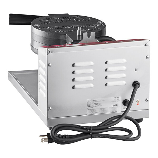 A white Estella Belgian waffle maker with a black handle.