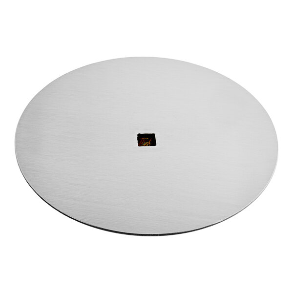An Avantco meat seat, a round metal plate with a square hole in it.