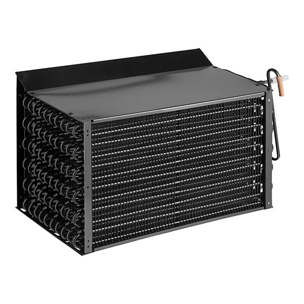 An Avantco condenser coil, a black metal box with spirals and a fan.
