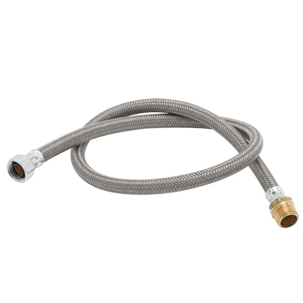 A T&S flexible metal hose with stainless steel and brass connectors.