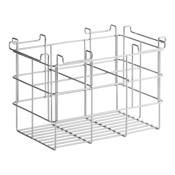 A chrome-plated wire basket designed for holding elixirs at cocktail stations.