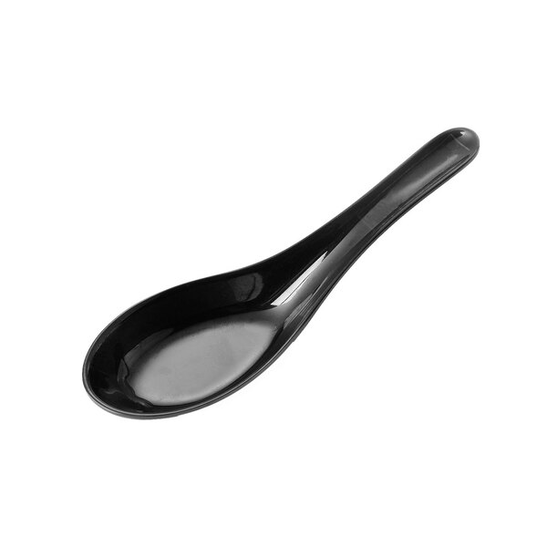 A black plastic Elite Global Solutions soup spoon with a handle.
