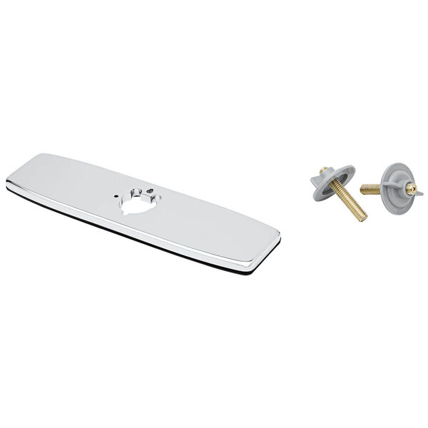 A chrome plated rectangular deck plate with a hole in the middle and screws.