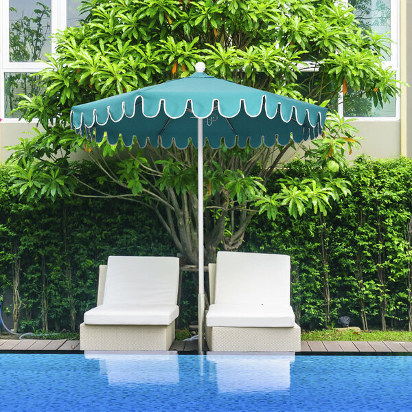 blue patio umbrella with white pole AMMSUN 7ft Fringe Outdoor Tassel Umbrella UPF50+ Wood Color Steel and Steel Ribs Push Button Tilt, Navy Stripe : Patio, Lawn & Garden Awarded Seal of Recommendation by the Skin Cancer Foundation Tilt Patio Umbrella | Auto-Tilt,