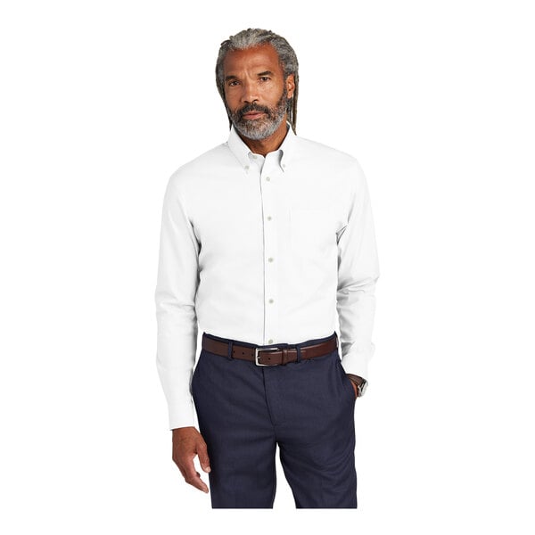Brooks Brothers BB18000 Unisex Customizable White Long Sleeve Wrinkle-Free  Pinpoint Stretch Dress Shirt - XL