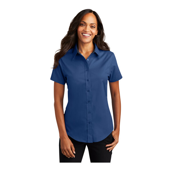 women's navy blue dress shirt Port Authority L508 Ladies Short Sleeve Easy Care AU Size:4 Button front placket Long Length_Above Knee SCOMCHIC Plus Size Summer