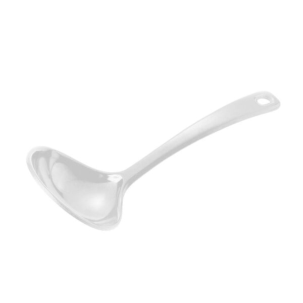 A close-up of a white Elite Global Solutions soup spoon with a handle.