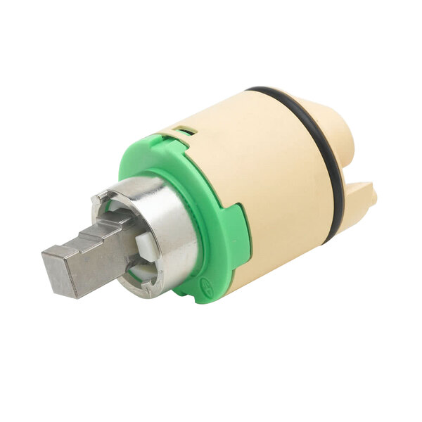 A green and white T&S ceramic cartridge with a green handle.