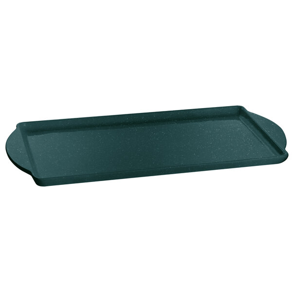 A Tablecraft rectangular tray with a hunter green handle.