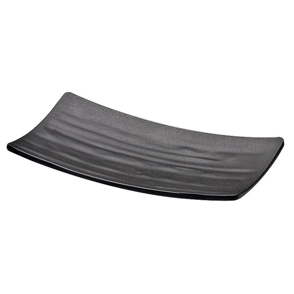 A black rectangular melamine tray with a curved edge.
