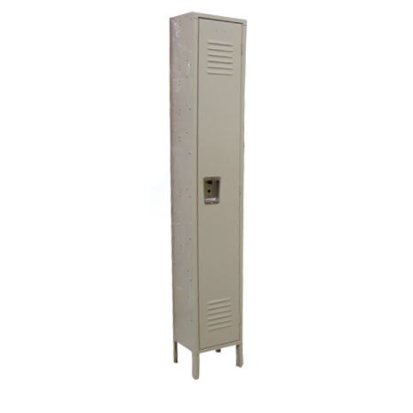 A beige metal locker with a square door and a silver handle.