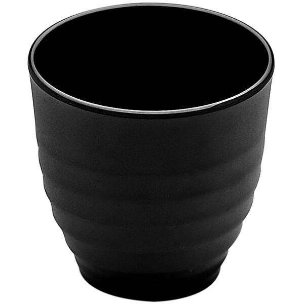 An Elite Global Solutions black melamine cup with a handle.