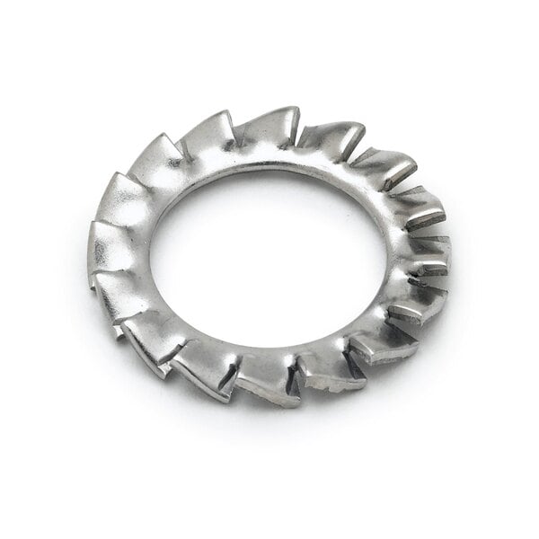 A stainless steel circular lock washer with a spiral design.