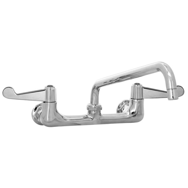 A chrome Equip by T&S wall mount faucet with 4" wrist action handles and an 8 1/8" swivel nozzle.