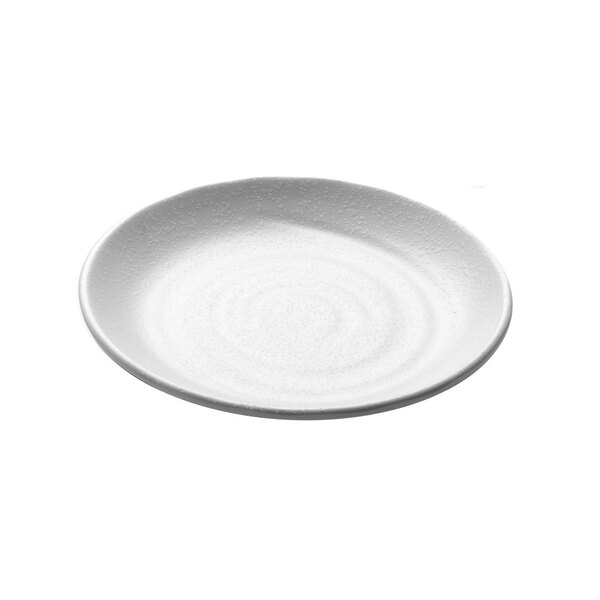 A close-up of an Elite Global Solutions white melamine plate with a spiral pattern.
