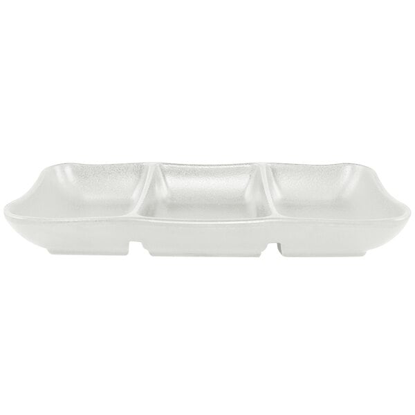 A white rectangular Elite Global Solutions melamine tray with three sections.