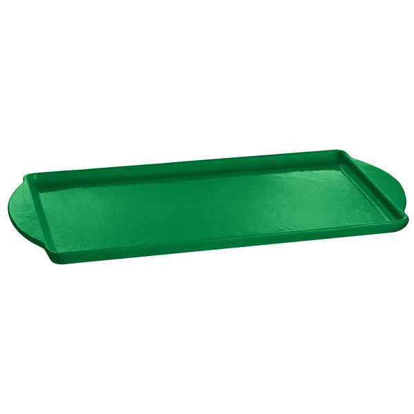 A green rectangular Tablecraft tray with handles.