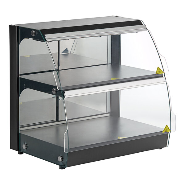 A black Avantco countertop merchandiser with glass shelves.