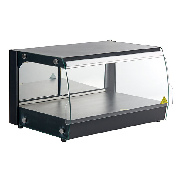 A black rectangular Avantco countertop merchandiser with clear glass doors.
