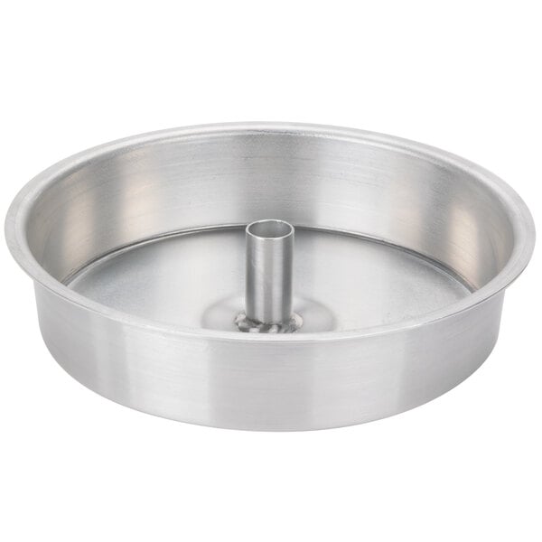 A silver stainless steel round mini drip pan with a hole in the center.