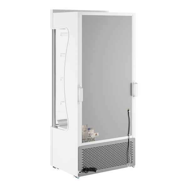 A white refrigerated air curtain merchandiser with a customizable front panel and visible cooling vents at the bottom.