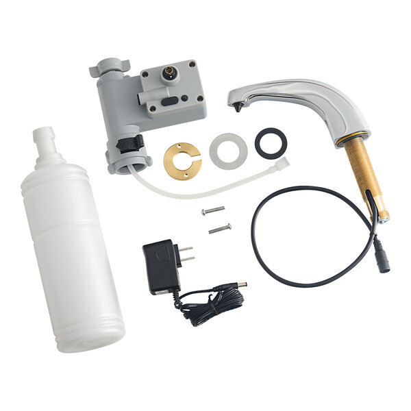 A Waterloo chrome automatic soap dispenser with a white plastic container inside.