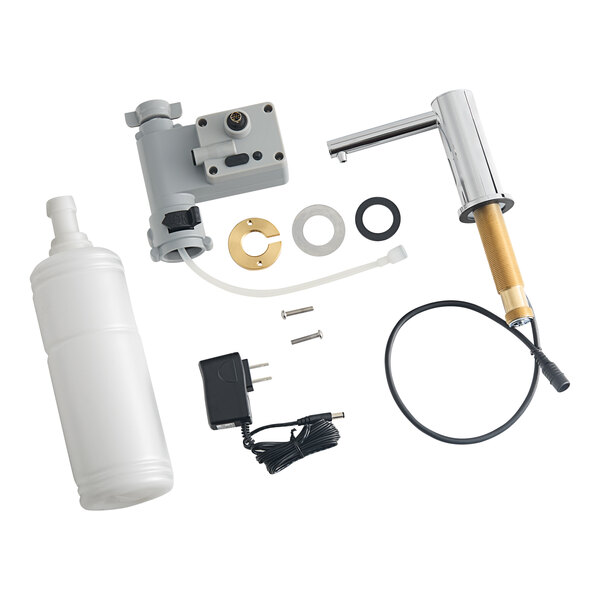 A Waterloo chrome soap dispenser with a white plastic container and white lid.