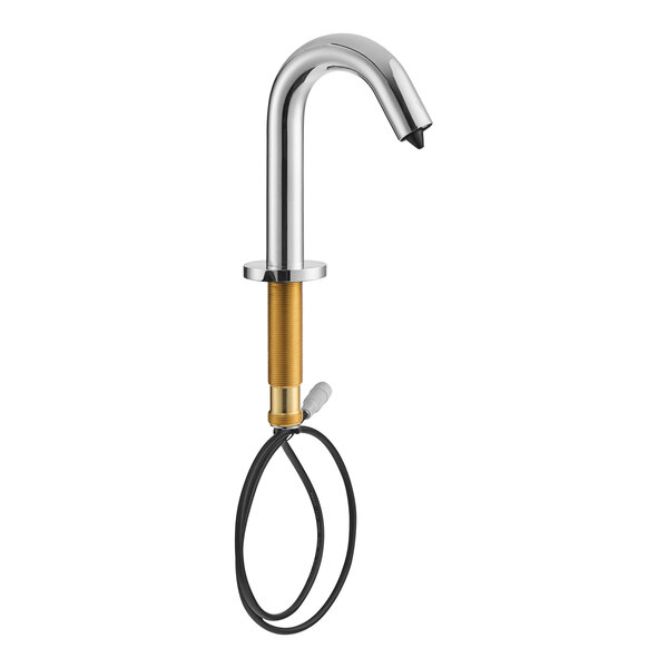 A Waterloo chrome soap dispenser with a black cord and silver and gold accents.