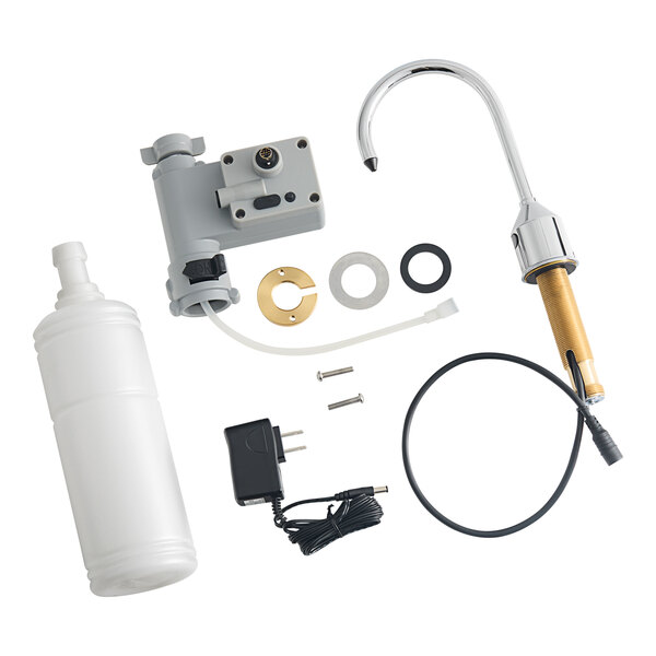 A Waterloo chrome soap dispenser with a white plastic bottle and black cord.