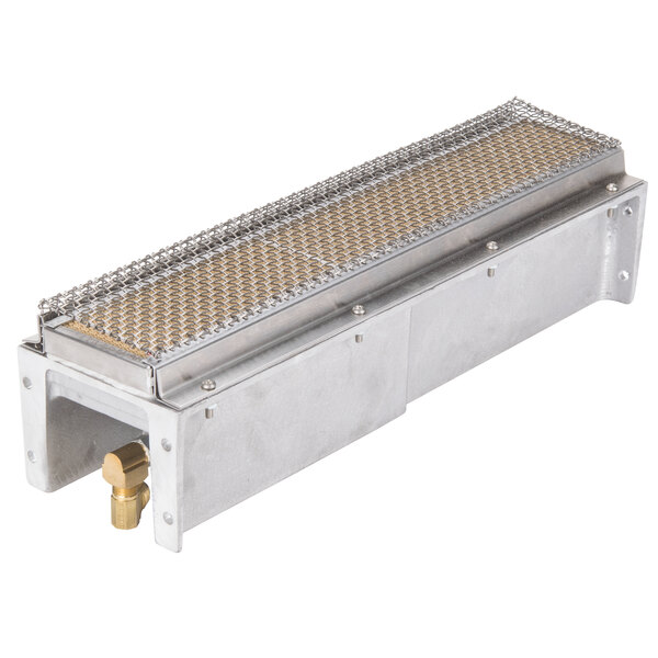 A metal rectangular heat exchanger with a wire mesh on top.