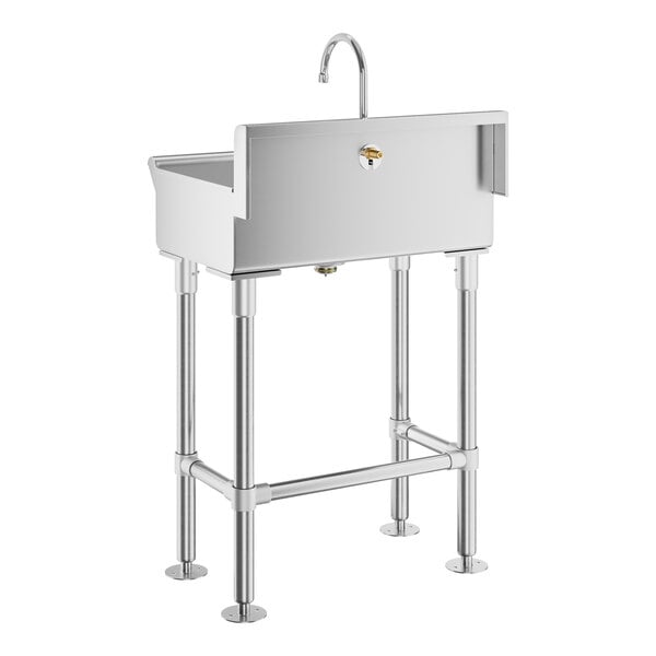 A stainless steel hand sink with a tall backsplash, four sturdy legs, and a gooseneck faucet mounted on top.