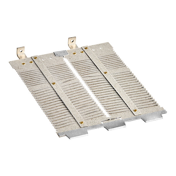 Two Avantco metal heating elements with wires attached to a metal plate with holes.