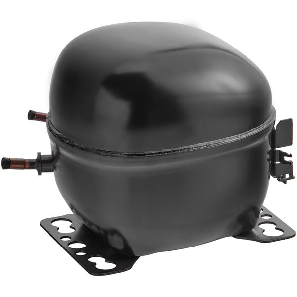 An Avantco black refrigeration compressor with a pipe attached.