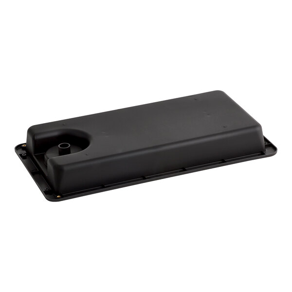 A black rectangular plastic condensate pan with a hole in the top.