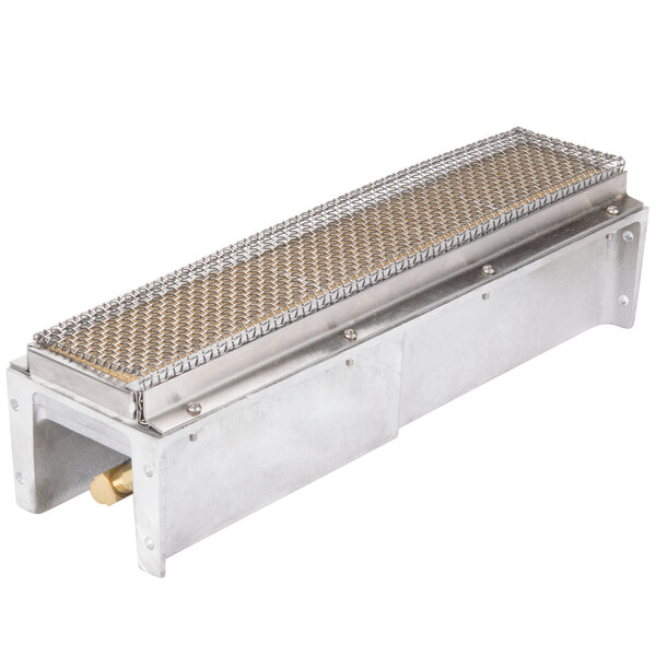 A metal rectangular heat exchanger with a wire mesh grid on it.