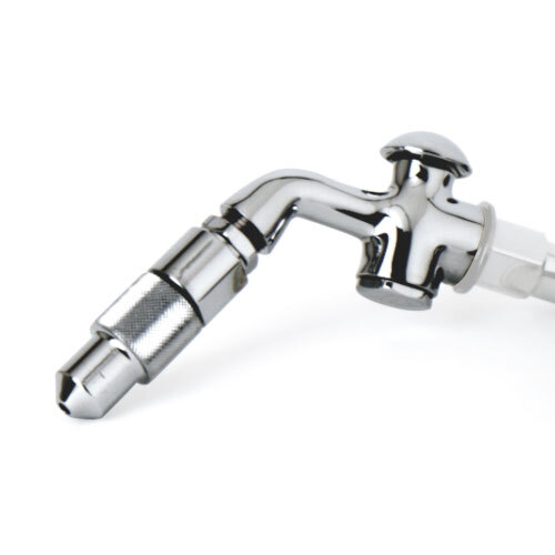A T&S chrome faucet spray valve and shower head assembly.