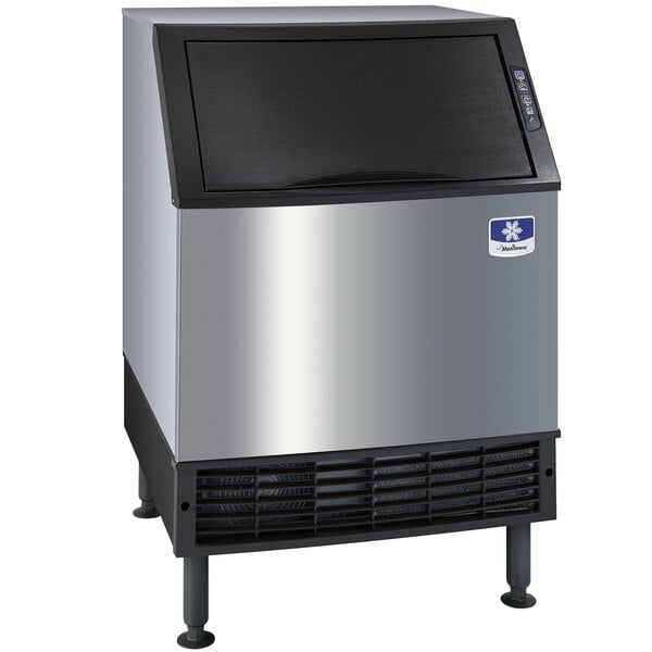 A black Manitowoc undercounter ice machine with a white lid.