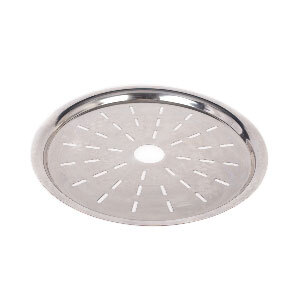 An aluminum circular plate with holes.